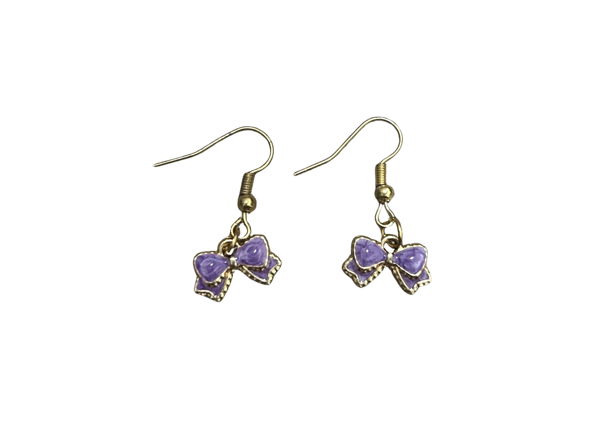 Handmade Gold-Tone Purple Bow Drop Earrings