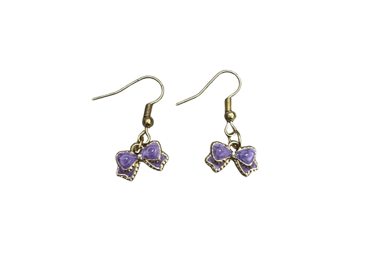 Handmade Gold-Tone Purple Bow Drop Earrings